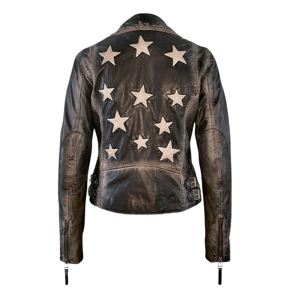 Mauritius Christy RF Leather Jacket Vintage Black Stars, Size 8 - Medium